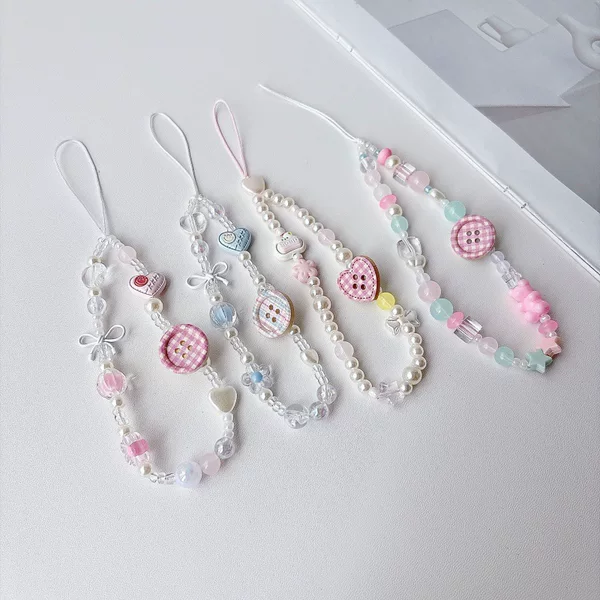 Trendy pearl and bead phone chain with cute plaid buttons and floral design, anti-loss lanyard, girly bag charm