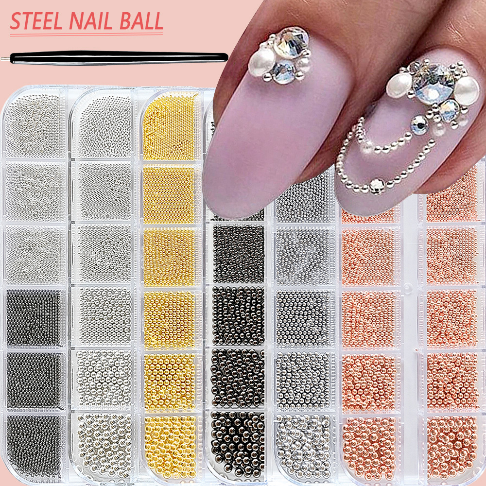 12-Compartment Small Steel Beads Nail Art Decorations Mixed Sizes Long Box Packaging Luxury Round Beads Wearable Nail Accessories Nail Decoration