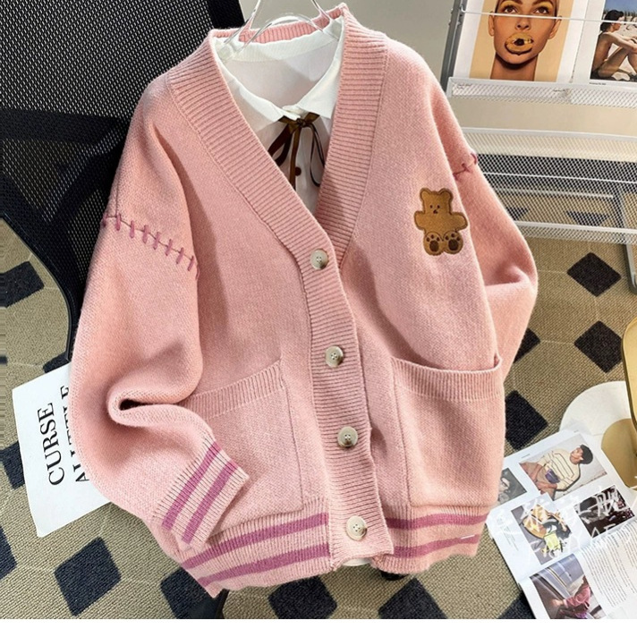 Korean Style Color-Blocking Bear Sweater Women's Coat Autumn and Winter New Drawstring Lazy Style Pocket Knit Cardigan Custom Style