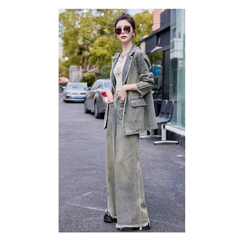 Retro Style Denim Suit for Women 2026 Spring and Autumn New Style Suit Jacket Wide-Leg Pants Tassel Two-Piece Set