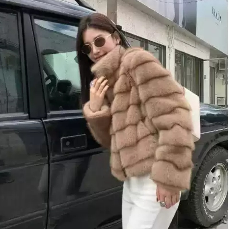千层布朗尼小立领切条环保水貂毛皮外套女冬季拉链毛绒短款上衣