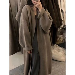 法式针织开衫毛衣秋冬长款纯色慵懒过膝宽松新款显瘦大版外套