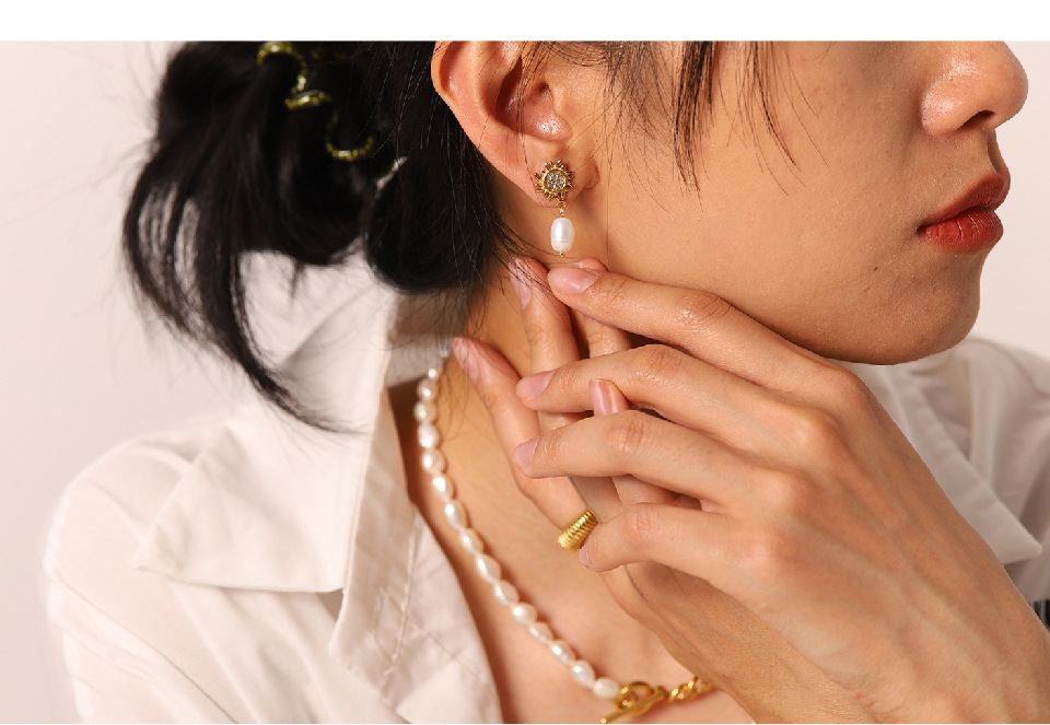 Elegant Geometric Stainless Steel Inlay Pearl Zircon Earrings 1 Pair