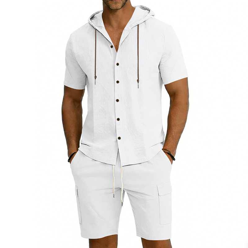 Men's Linen Hooded Short Sleeve Shirt With Workwear Shorts Set, Relaxed Fit Breathable Summer Outfit For Vacation And Casual Style_viptrois.com