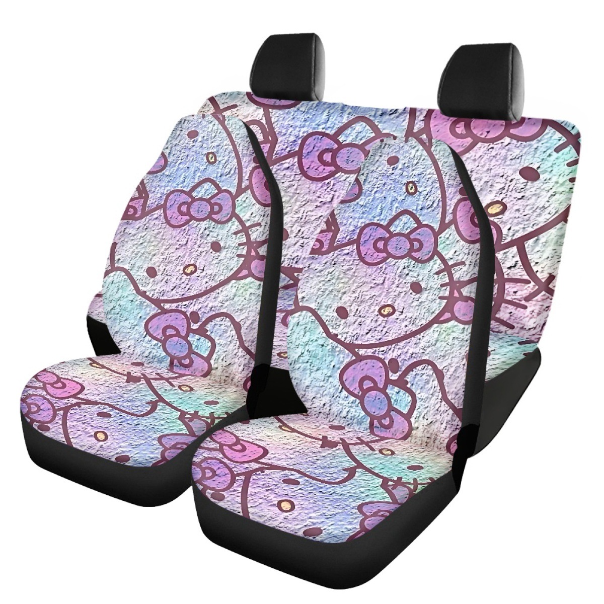 Custom-made car seat covers for independent online stores, featuring a coffee-colored leopard print and a Kitty cat design, to protect both the front and rear seats