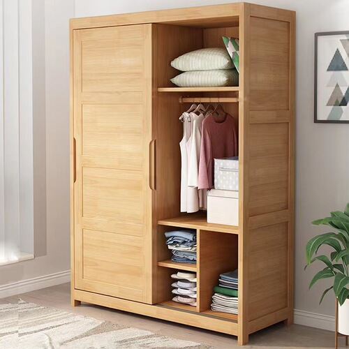 Nordic solid wood sliding door wardrobe with top cabinet modern minimalist solid wood style bedroom sliding door coat closet sliding door cabinet