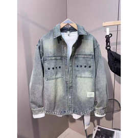 2024春秋季新款翻领做旧水洗牛仔外套时尚简约潮流衬衫男士夹克韩