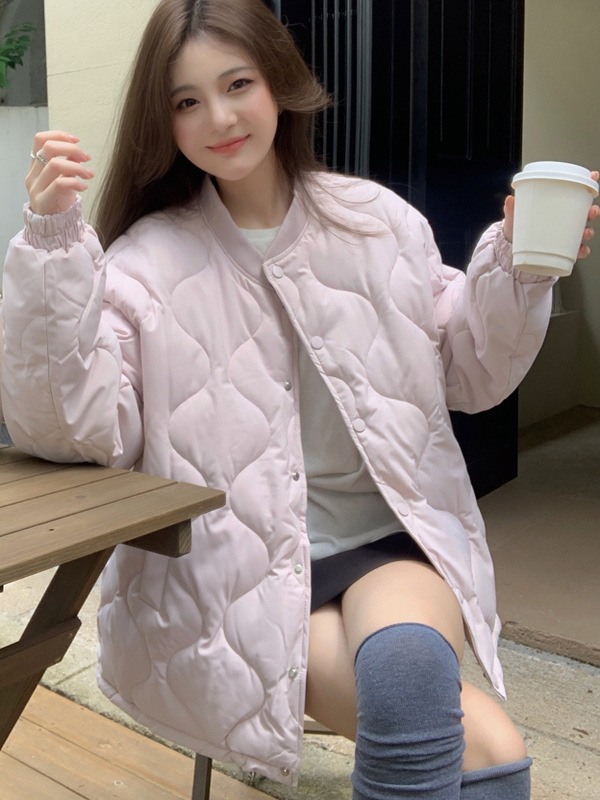 Korean Style Lazy Loose-Fitting Stand-Up Collar down Cotton Jacket with Diamond Pattern, Oversized, Slimming, Short Style for Women and Students