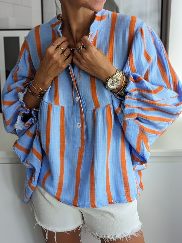 V 73591 V-neck Bubble Sleeve Shirt Striped Shirt