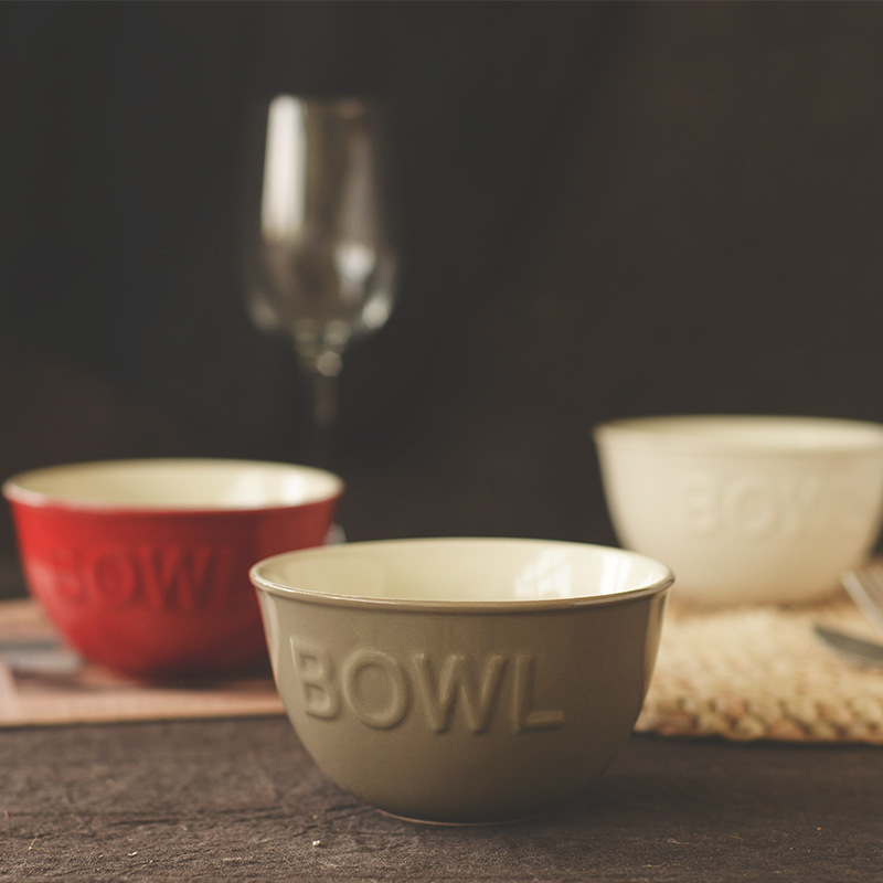 〖English Embossed Rice Bowl〗Japanese Style Rice Bowl Household Rice Bowl Soup Bowl Retro Personalized Ceramic Bowl