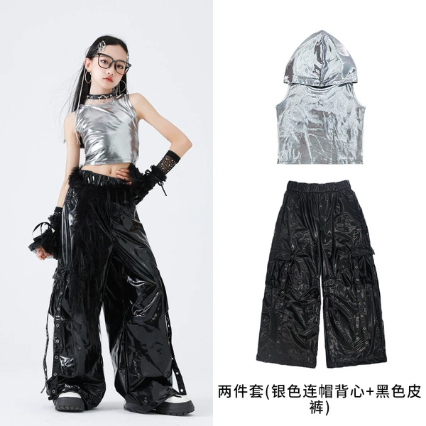 Silver set, black vest with hood, trousers, 2 pieces