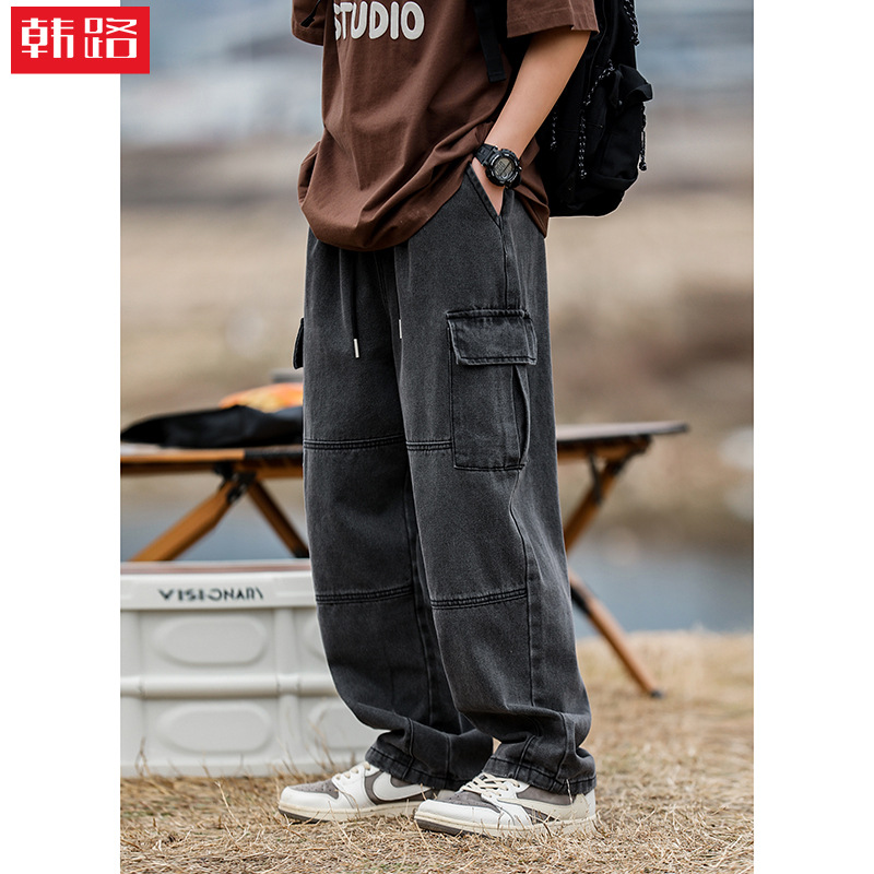 Pantalones vaqueros de bolsillo tridimensionales dobles para hombres de Hanlu primavera nuevos pantalones sueltos rectos con costuras de lavado retro