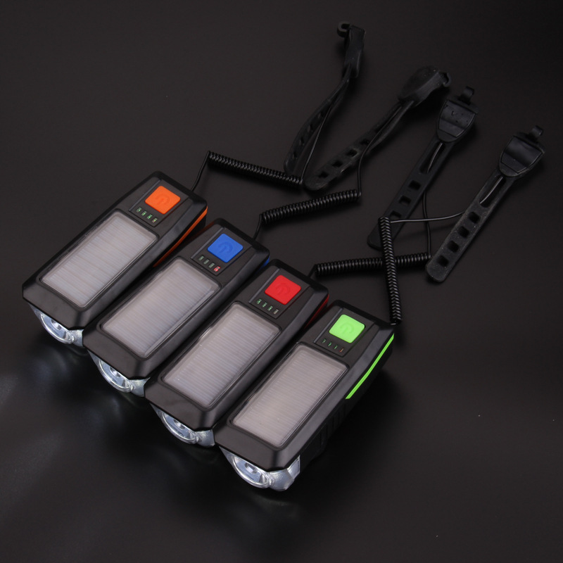 Nuevo fabricante solar bicicleta luz USB recargable cuerno luz noche equitación iluminación bicicleta de montaña faro