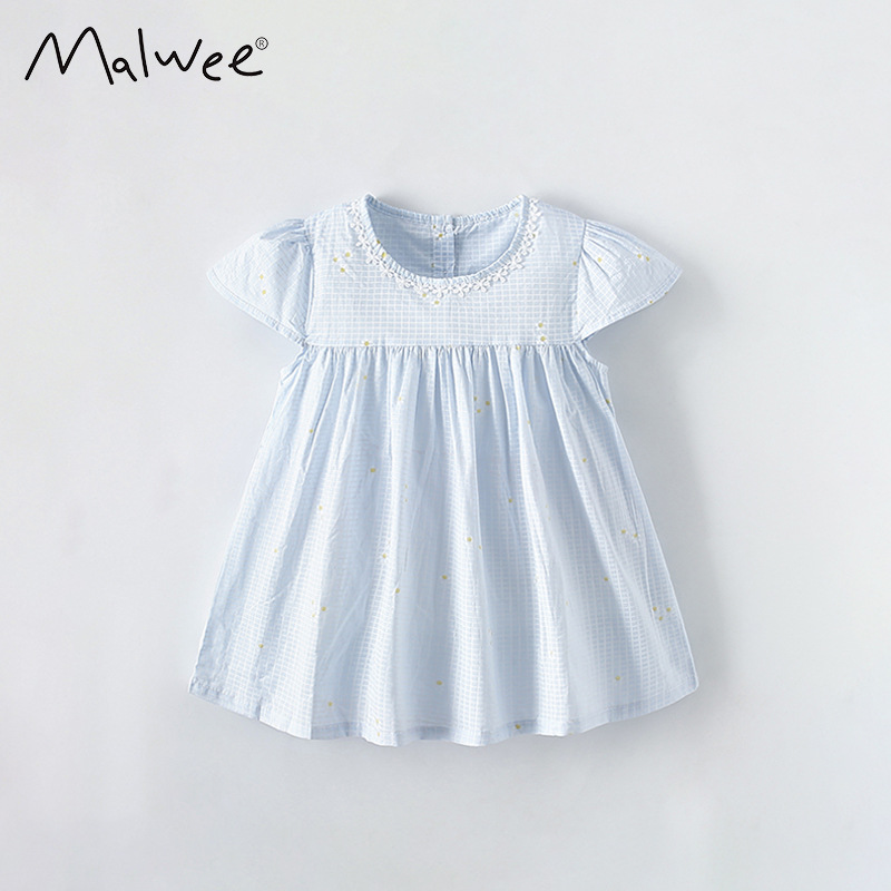 Malwee vestido de niña de verano nuevo vestido de cuello redondo de cuadrícula falda de manga corta europea y americana falda de princesa para niños de mediana edad