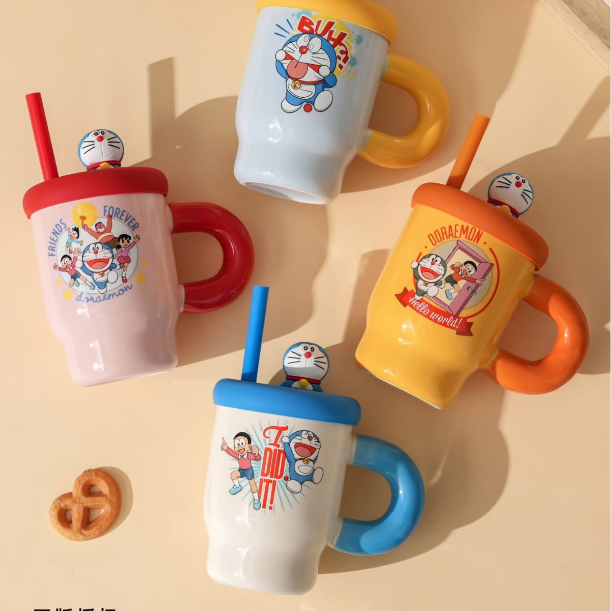 Caricatura creativa Dingdong gato taza de agua de paja personalidad Doraemon taza de cerámica regalo de mano adorable alto valor facial