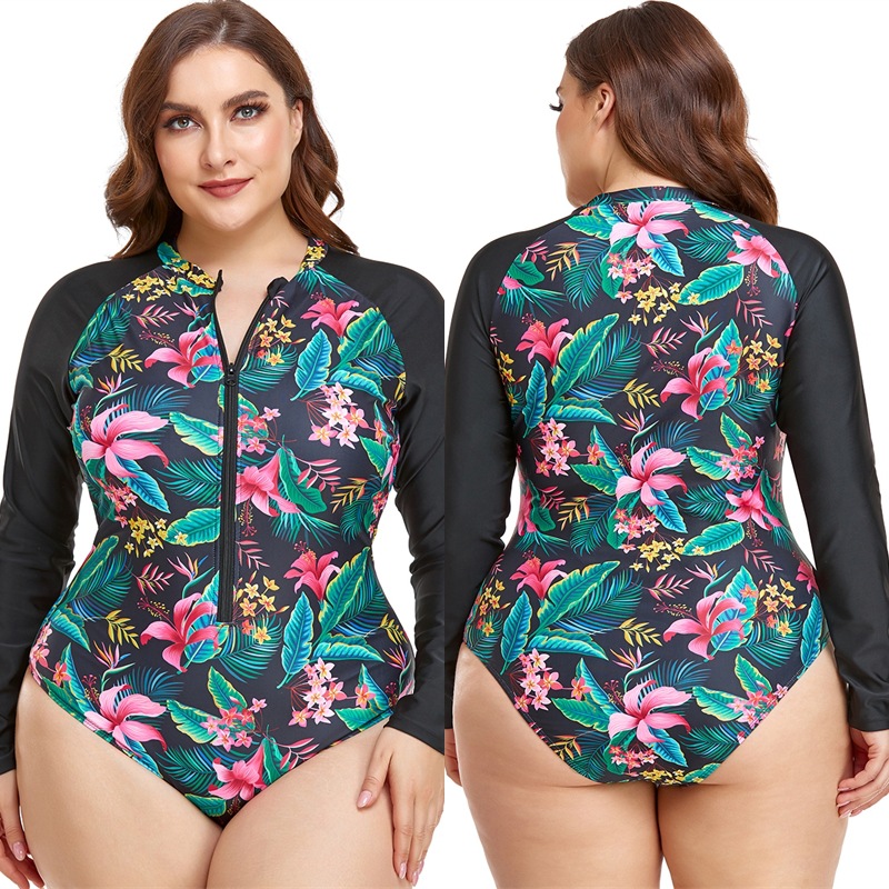European and American Plus-Size Zipper Swimsuit for Hot Spring Beach Surfing, Long-Sleeve Diving Suit, One-Piece Swimsuit for Women, Free Diving