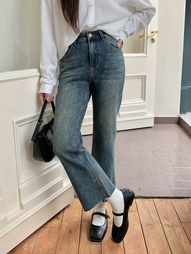 GAGD retro blue four-sided elastic slim nine-inch jeans for women, Korean style, high-waisted, slimming, slightly flared jeans pic 2