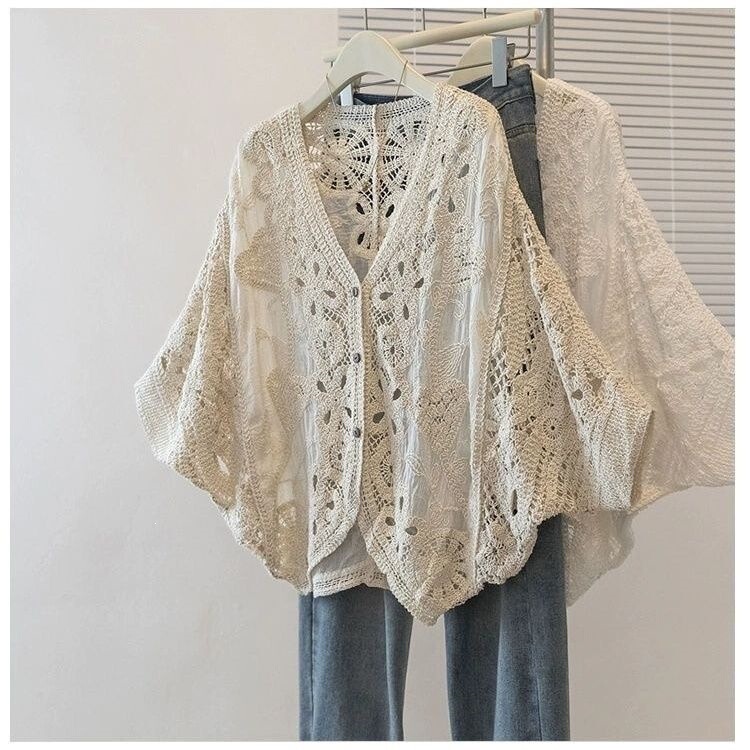 Crochet Lace Hollow-Out Cardigan 2026 Lace Knit Sun-Protective Summer Plus-Size New Loose-Fitting Three-Quarter Top