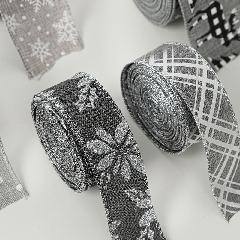 Navidad nueva imitación gris cáñamo cinta 3,8/6,3 cm copo de nieve Polka Dot decoración árbol de Navidad cinta arco