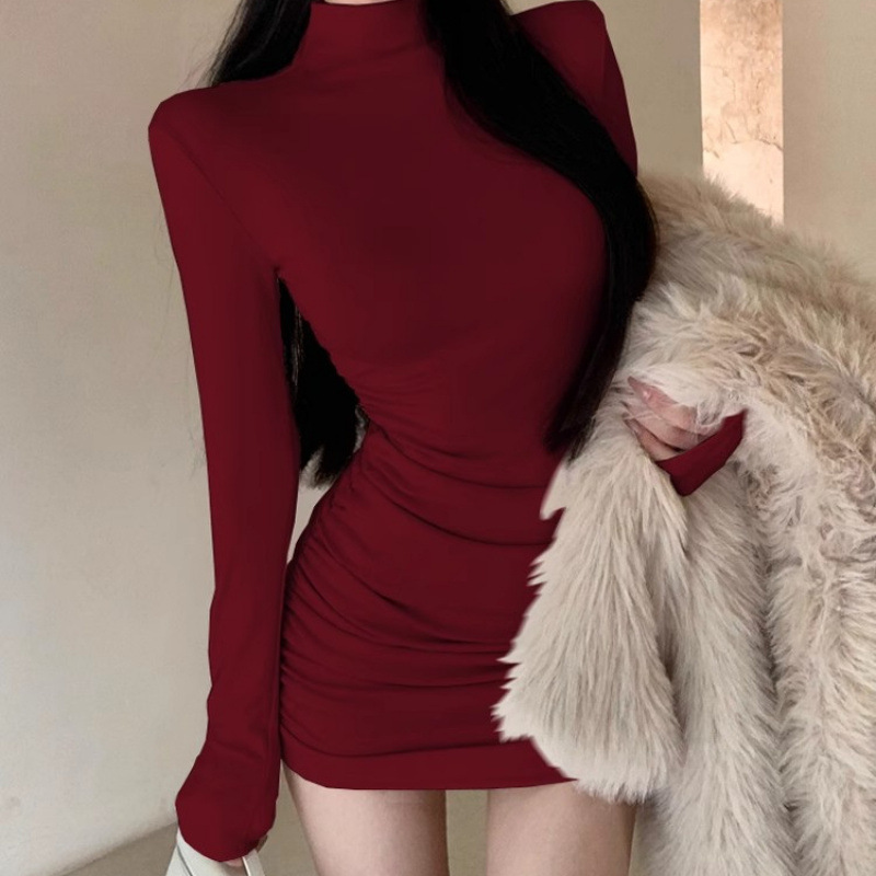 New Half-High Collar Long-Sleeved Dress for Women in Autumn and Winter, Slim-Fitting, Hip-Hugging, Sexy and Pure Lust-Style Short Skirt New Half-High Collar Long-Sleeved Dress for Women in Autumn and Winter, Slim-Fitting, Hip-Hugging, Sexy and Pure Lust-Style Short Skirt