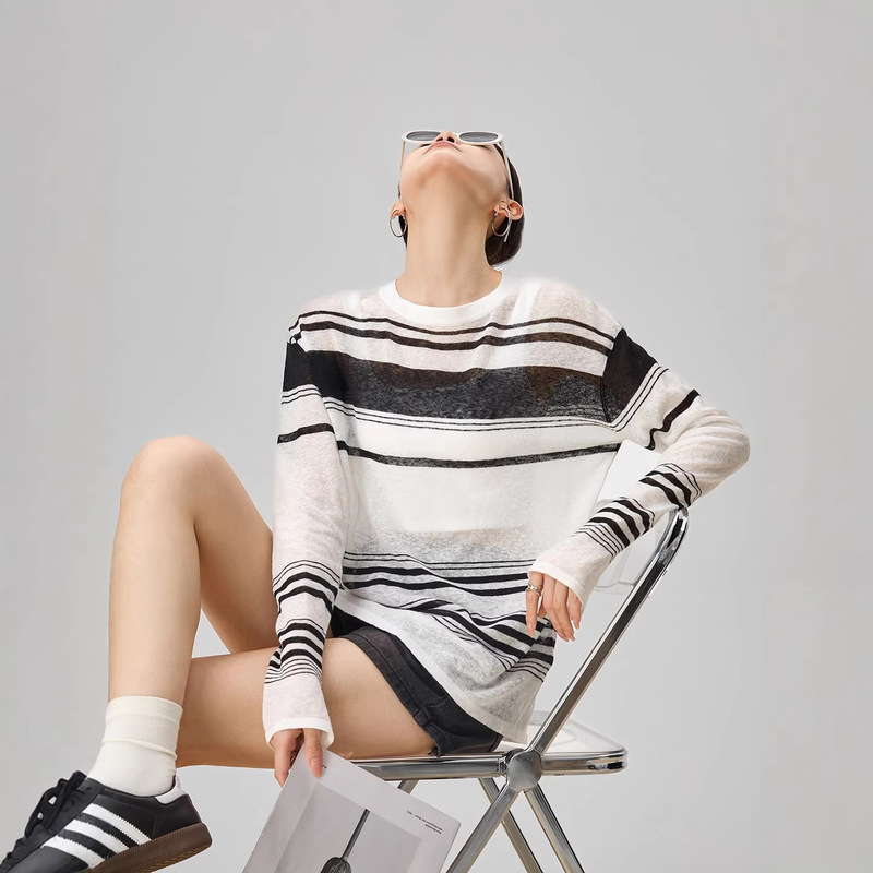 Linen Black and White Striped Knit Long-Sleeve Early Spring Sun Protection Cover-Up T-Shirt Women's 2026 New Thin Top Linen Black and White Striped Knit Long-Sleeve Early Spring Sun Protection Cover-Up T-Shirt Women's 2026 New Thin Top