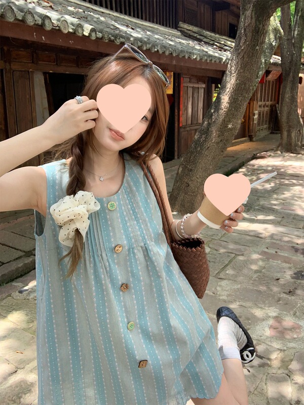 Xiang Lizi Sweet Style」年齢を軽減するエスニックスタイルのストライプ刺繍ノースリーブルーズプリーツベストドレス|undefined