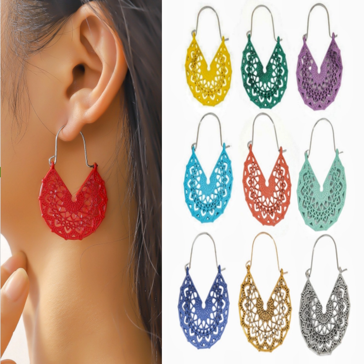Bohemia moda geométrica V-shaped hueco pendientes de aleación mujer retro color pulverización joyas de orejas al por mayor