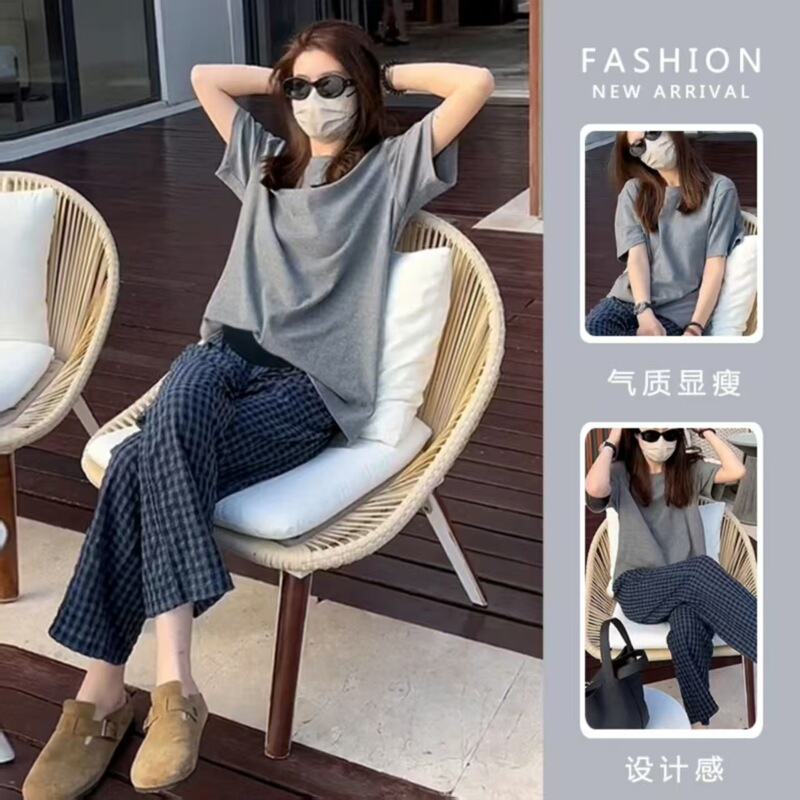 Maternity Suit Summer Short-sleeved T-shirt Belly Plaid Pants Loose Casual Suit