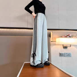 女童美式2026运动裤蝴蝶结条纹休闲运动高腰长裤新款宽松直筒裤子