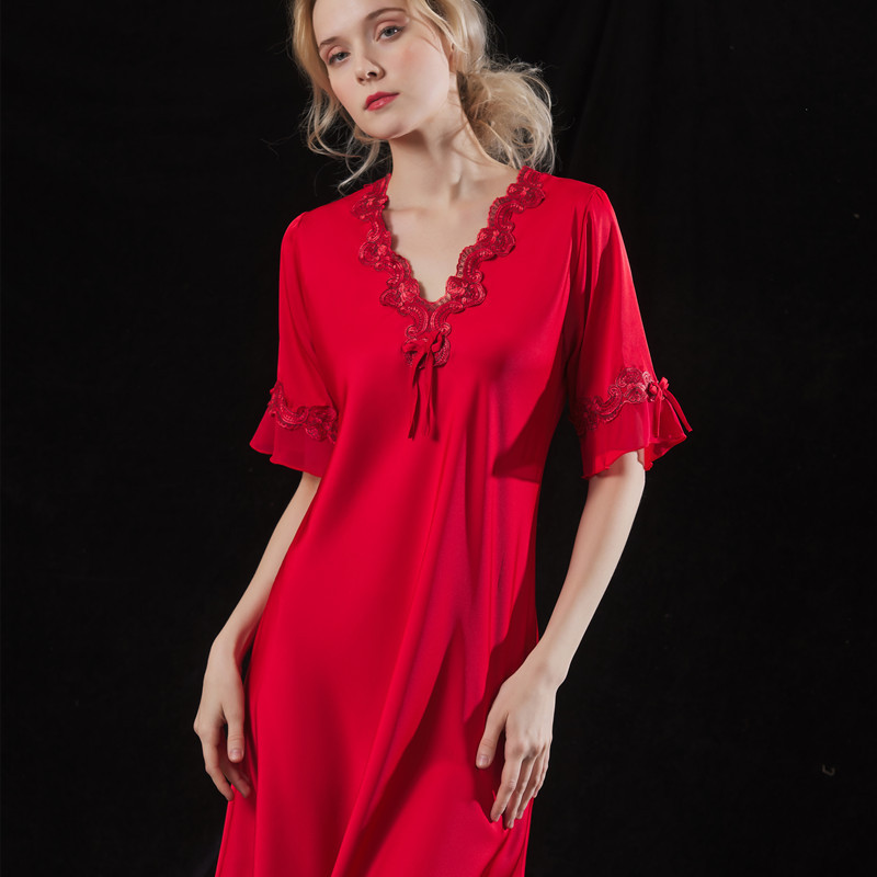 廠家批發女士絲綢睡裙春夏季冰絲睡衣短袖家居服性感蕾絲繡花