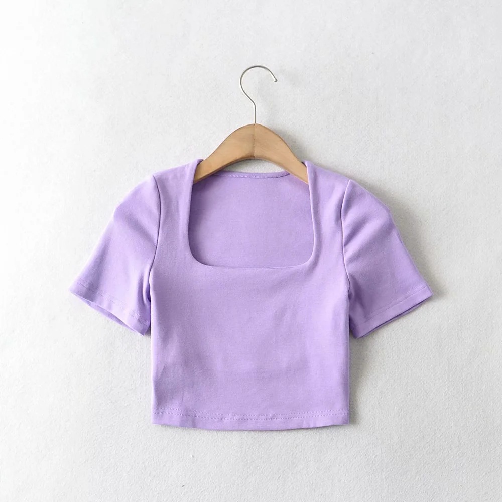 elastic square collar short sleeve T-shirt NSAC50846