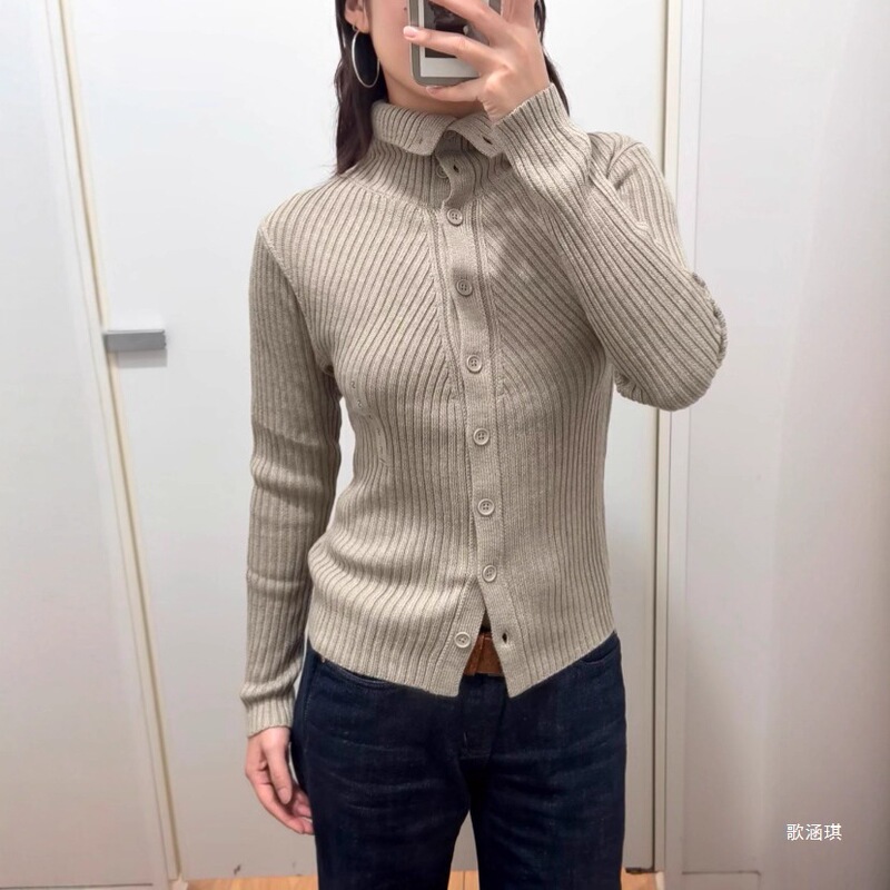 25 Autumn and Winter Women's Merino Wool Blend Turtleneck Lapel Knitted Cardigan Stand Collar Sweater Jacket 480107