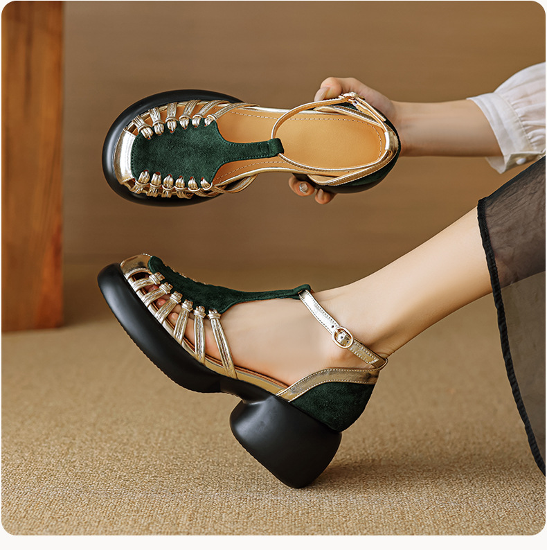 Sandal nữ quai ngang dệt mảnh da lộn, gót vuông ổn định, đế dày ghép màu — Màu đen chi tiết 9