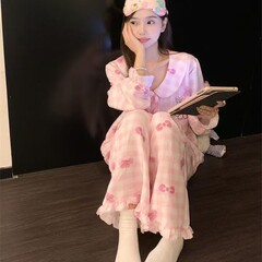 韩版甜美蝴蝶结睡衣女春秋季长袖长裤开衫套装美少女ins风家居服