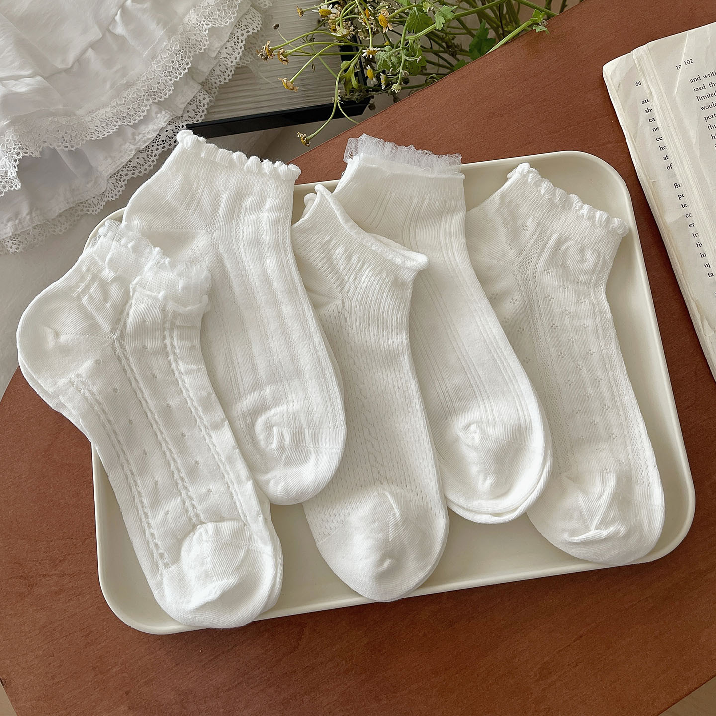 White Socks Women's Lace Socks Summer Thin Pure Cotton Japanese Style Breathable Japanese Style Girl Summer Mid-Calf Socks