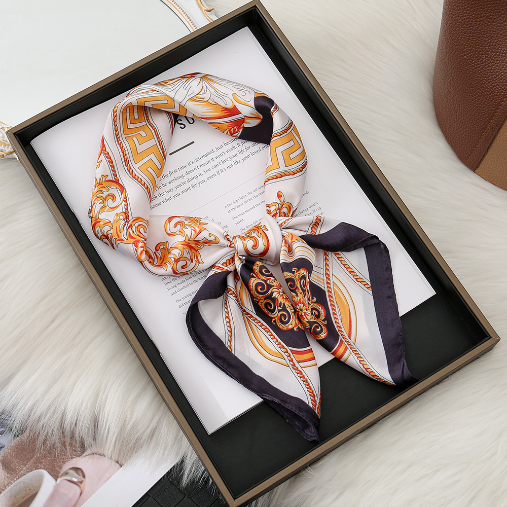 Color de contraste transfronterizo de moda 70 bufanda de seda de simulación pequeña bufanda de seda larga protección del cuello personalidad temperamento bufanda cuadrada salvaje mujer