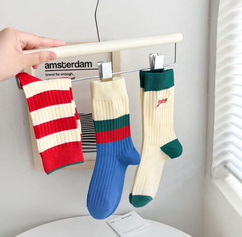 Autumn and winter new socks for women combed cotton embroidered striped double-needle personality niche trendy socks red and blue color matching mid-tube socks