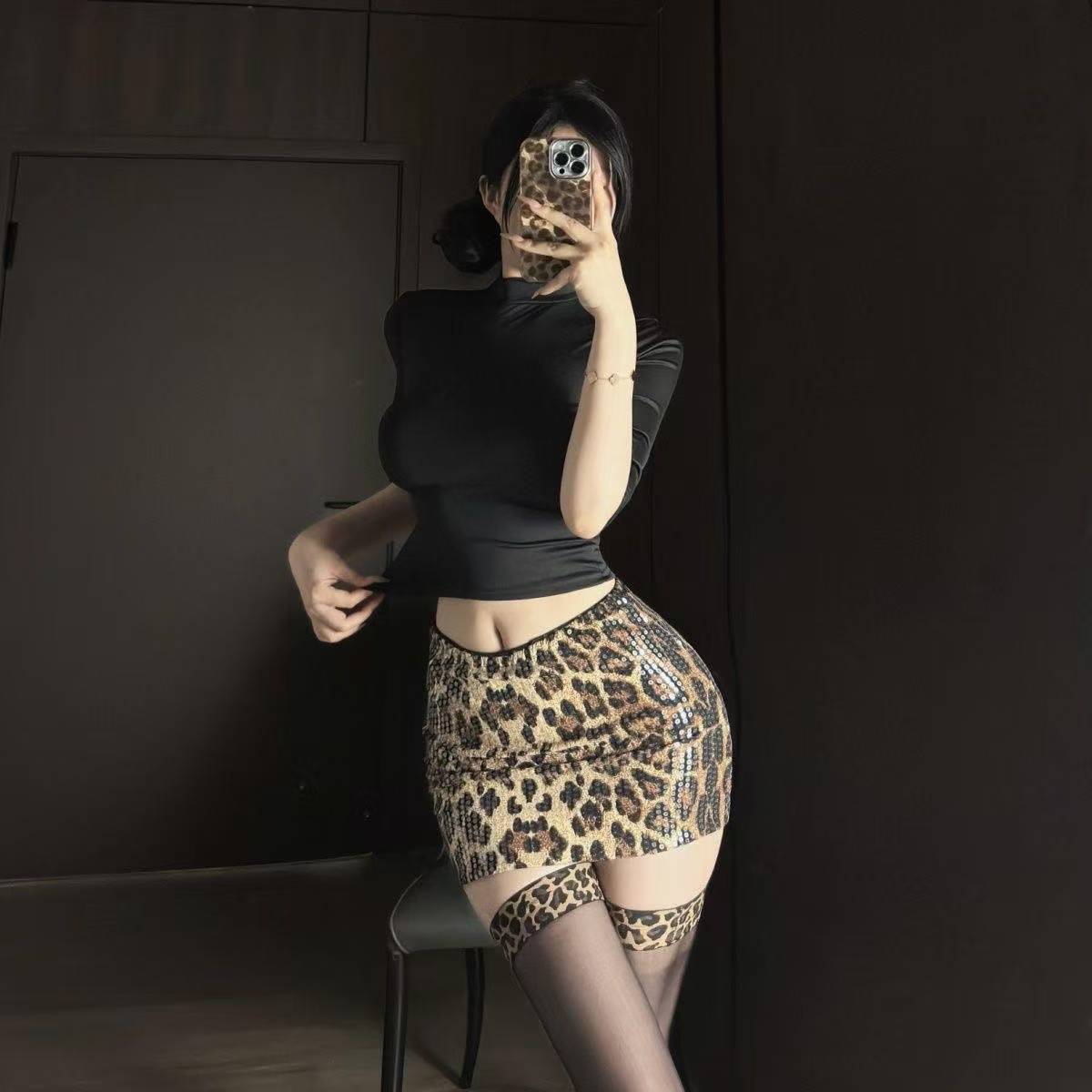 Sexy Leopard Print Two-Piece Uniform Set with Sequin Top, Bodycon Skirt and Stockings — detail image 2