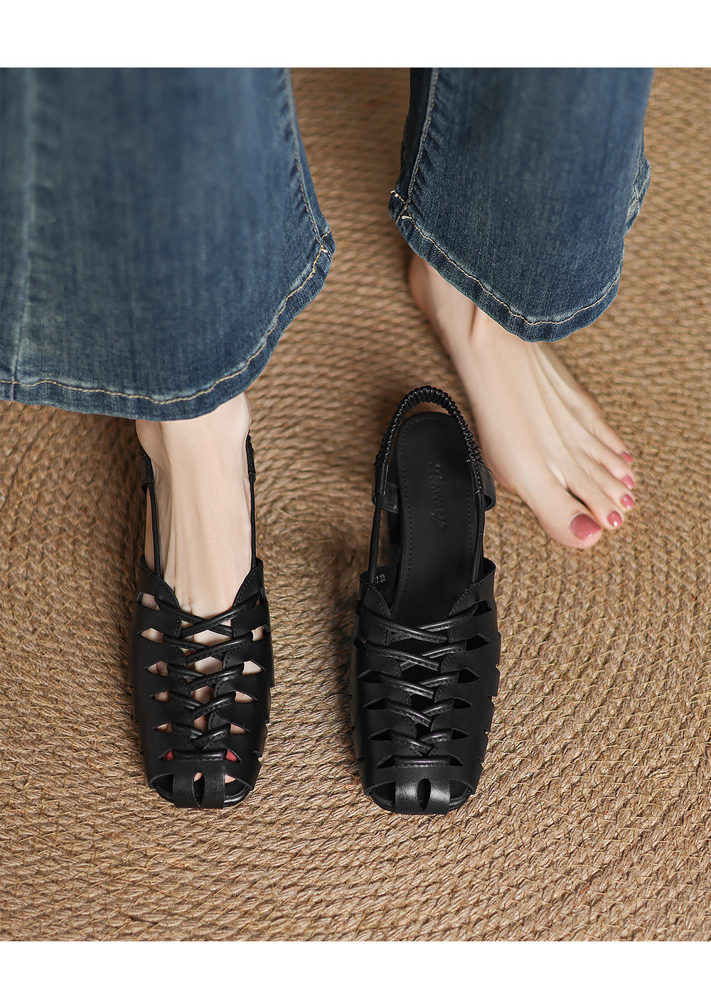 Dép sandal nữ da cừu bện mũi kiểu Pháp, gót thấp, quai chữ V đa năng — đen chi tiết 14