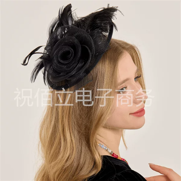 Amazon European and American Feather Fascinator Bridal Wedding Headpiece Linen Party Prom Horse Racing Festival Hair Accessory Decorative Head Flower