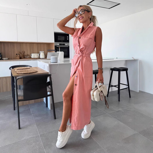 2025 Amazon European and American Style Cross-border New Arrival Sleeveless Long Belted High-waisted Single Button Denim Dress NZ88