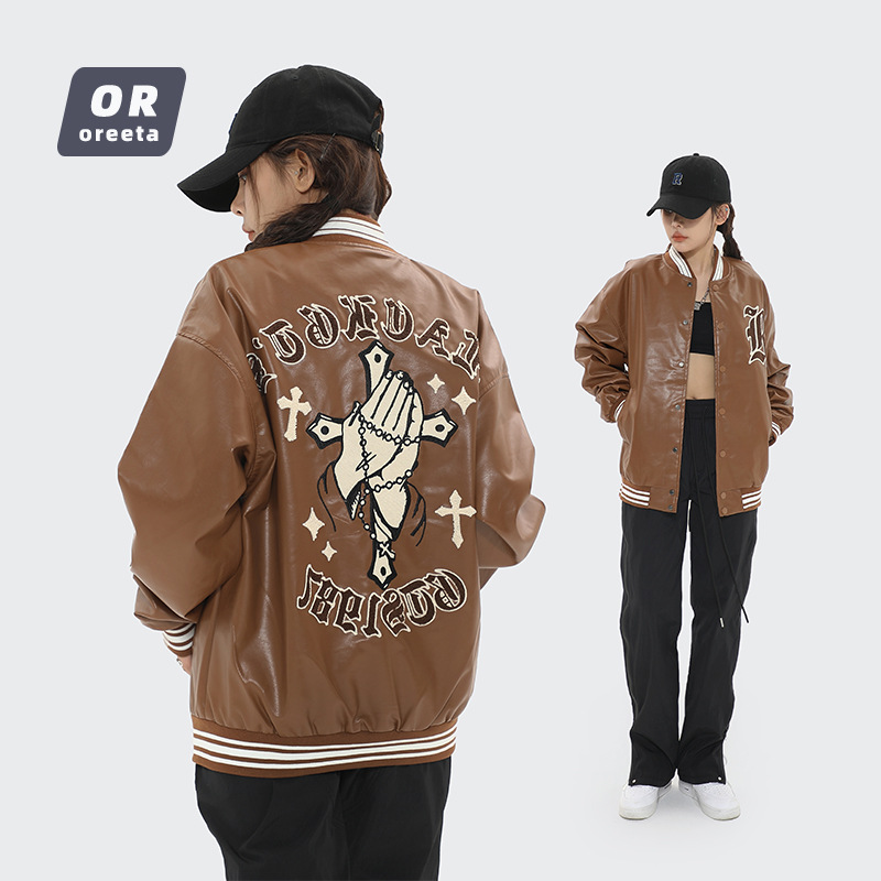 OREETAAmerican Motorcycle Cross Baseball Jacket Men And Womeny Brand Loose Couple Leather Jacket