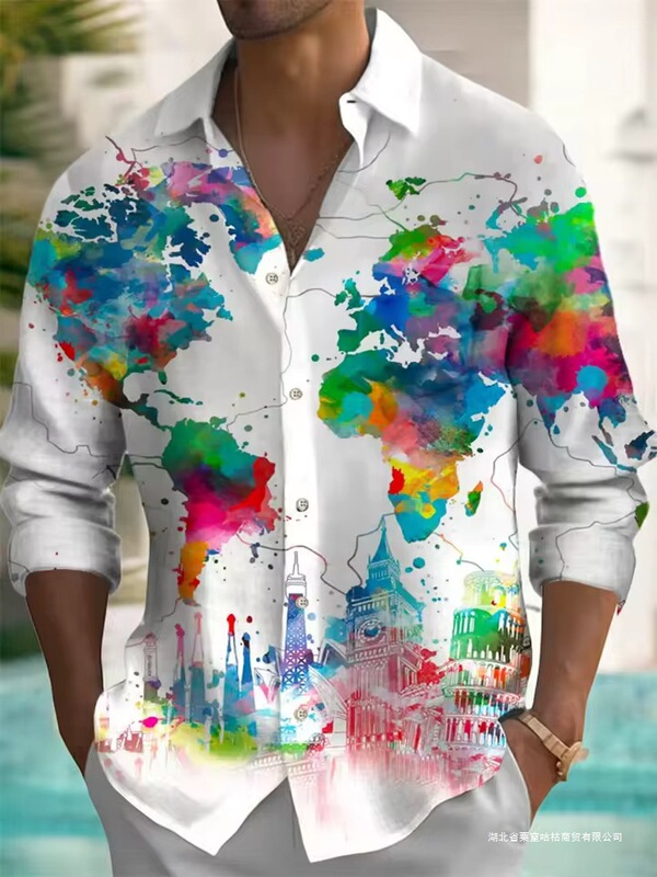 New Long-Sleeved Printed Shirt Suitable for Men's Street Style Casual Unisex Retro Pattern Printed Long-Sleeved Shirt