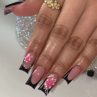 Black French water pipe simple blush flower design cross-border powder wear nail nail patch fake nail piece