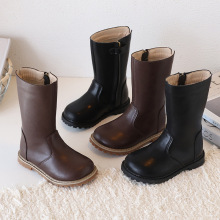 跨境外贸秋冬季高筒儿童靴复古长筒女童靴加绒男童英伦风马丁靴子