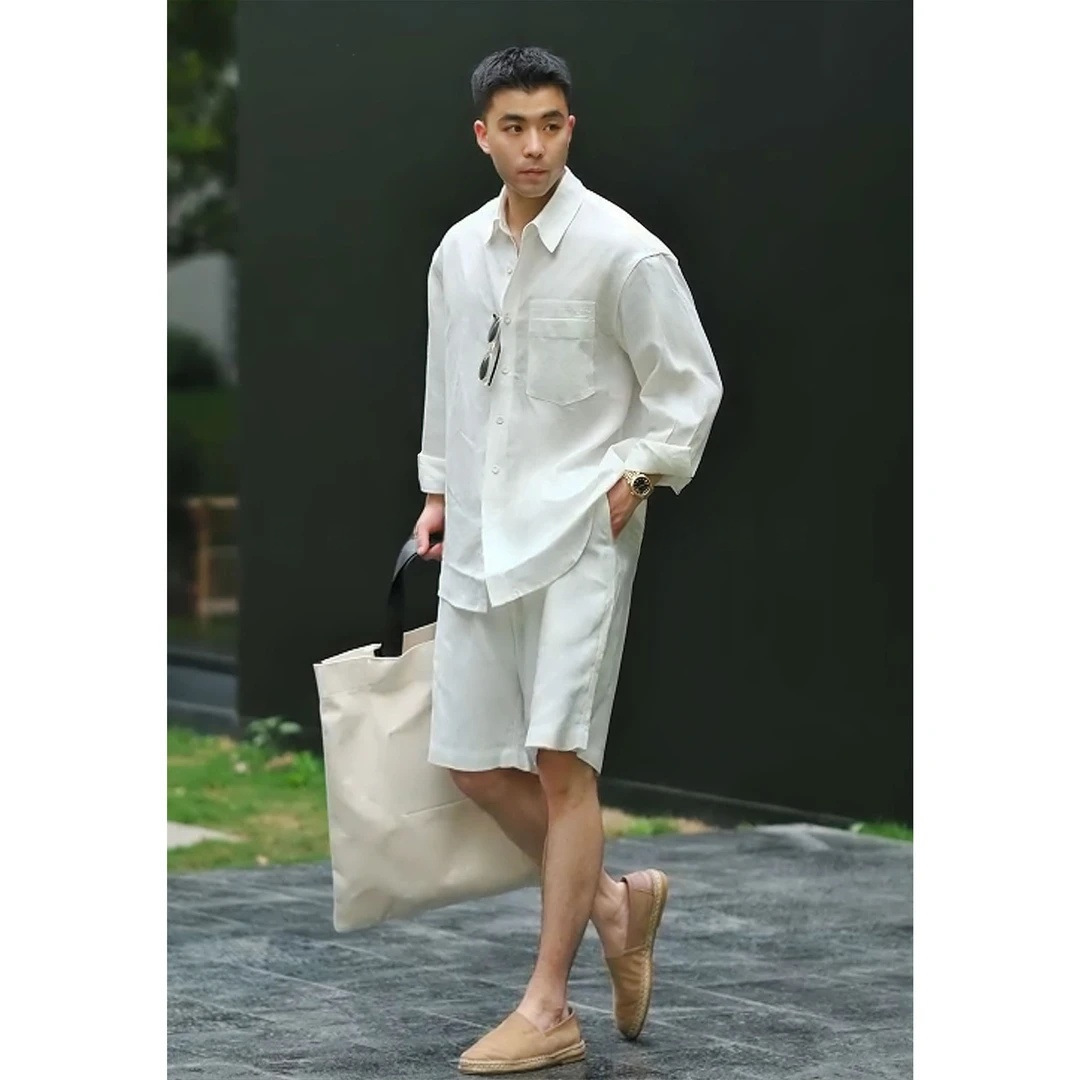 Fashion Casual Thin Long-Sleeve Shirt and Shorts Two-Piece Set Casual Sports Solid Color Retro Simple Trendy Outfit