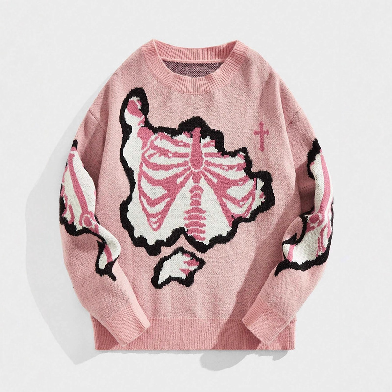 European and American Skull Skeleton Cross Print Thick Striped Sweater for Men and Women Autumn and Winter Warm Casual Ready-Made Loose European and American Skull Skeleton Cross Print Thick Striped Sweater for Men and Women Autumn and Winter Warm Casual Ready-Made Loose