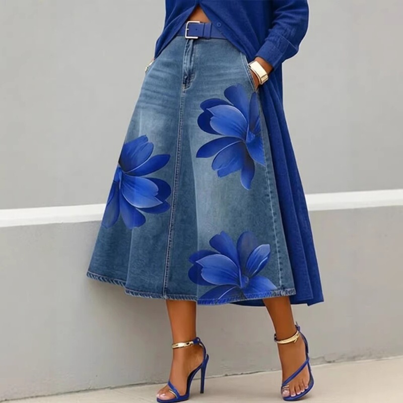 2026 European and American Independent Site Amazon Fashion Daily Wear Faux Denim Floral Print Women's Skirt