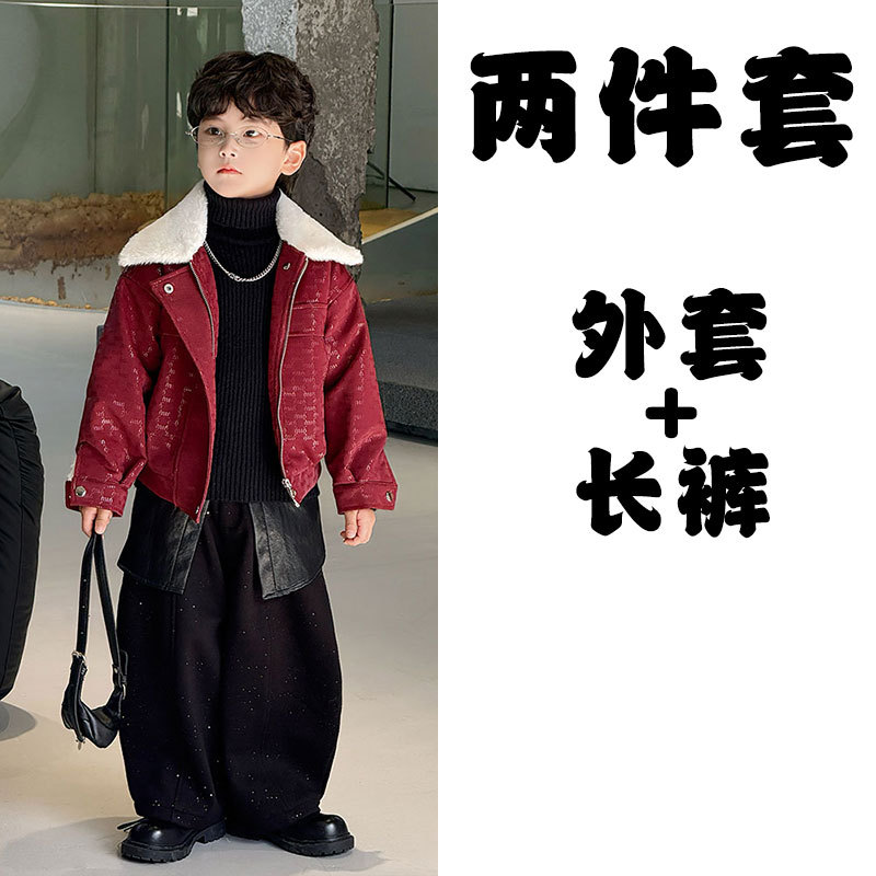 Комплект из двух предметов [25013 бордовый лацкан плюс бархатная кожаная куртка + 25761 блестящий плюс бархатные черные брюки]