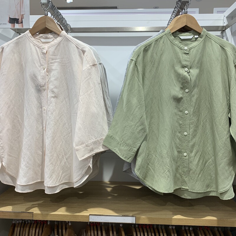 Japan Single Products 2025 Spring New Hemp Blended Collar Striped Seven-point Sleeve Shirt for Women K475653 475654